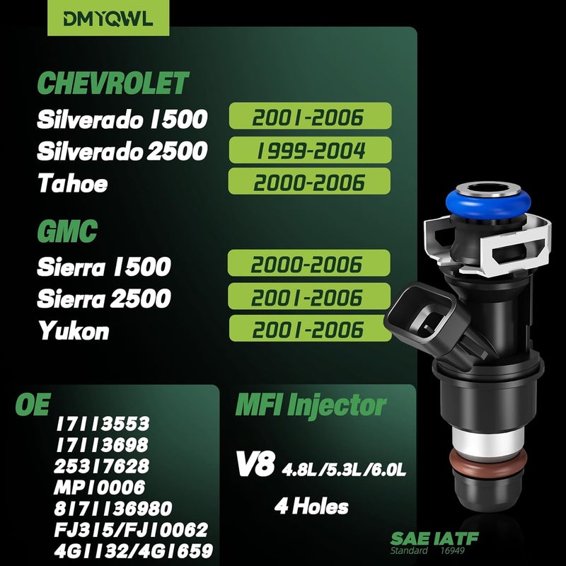 DMYQWL V8 4.8L/5.3L/6.0L Fuel Injectors Compatible with Chevy&GMC - Silverado 1500/2500(2001-2006), Sierra 1500/2500(2000-2006),Tahoe(2000-2006),Yukon(2001-2006),Replace#17113553,FJ315 (8pcs) - Image 2